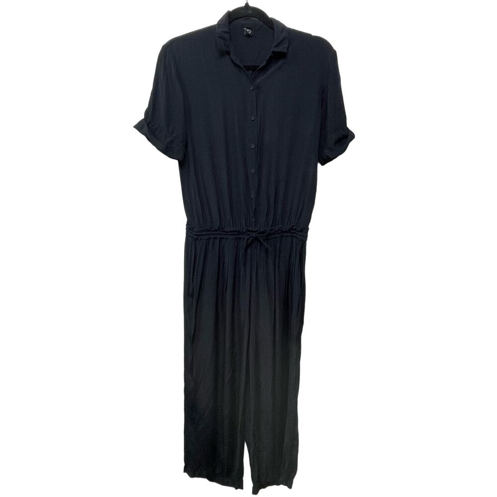 European Culture Button Front Wide‎ Leg Jumpsuit Short Sleeve Collared Black S